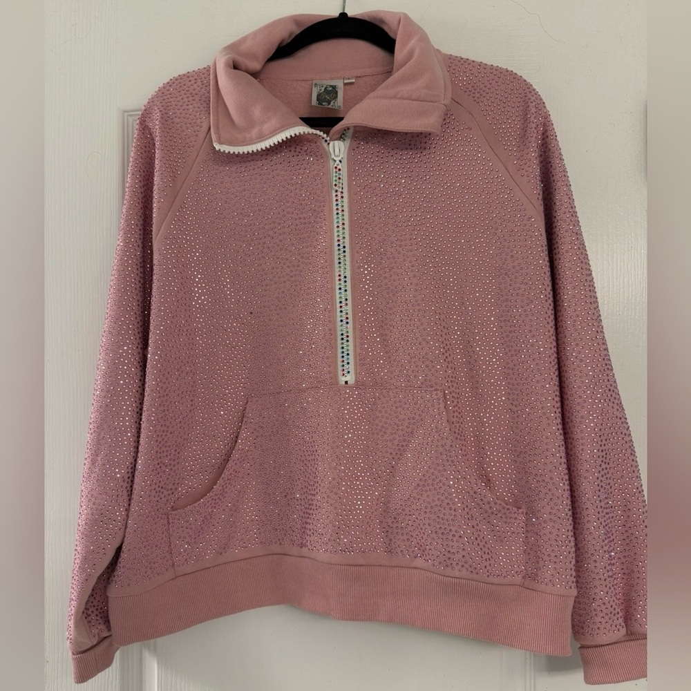 Queen of Sparkles Pink Half-Zip Rhinestone Pullover